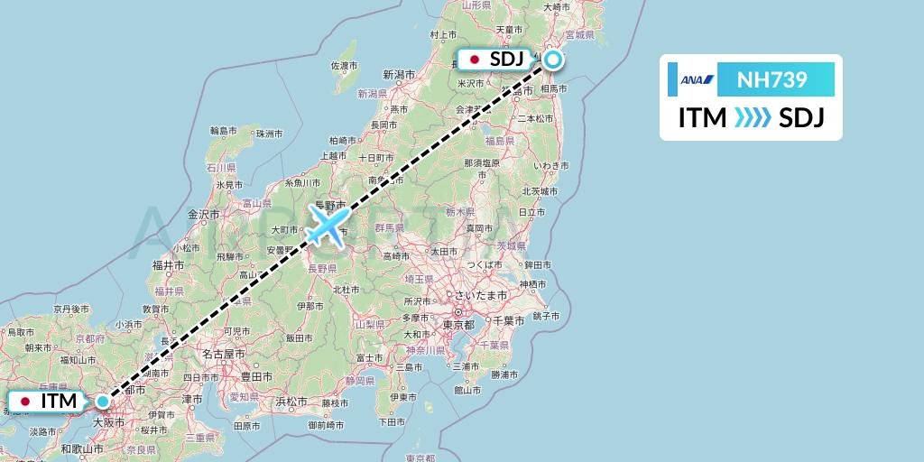 NH739 All Nippon Airways Flight Map: Osaka to Sendai