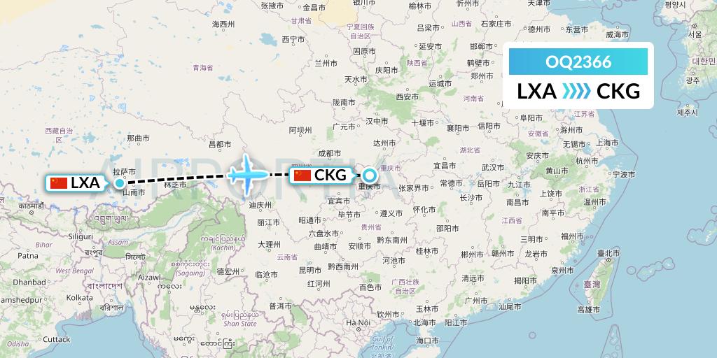 OQ2366 Chongqing Airlines Flight Map: Lhasa to Chongqing