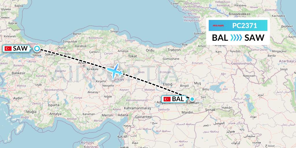 PC2371 Pegasus Airlines Flight Map: Batman to Istanbul