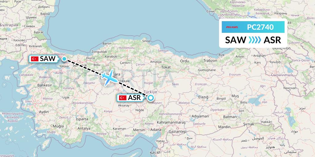 PC2740 Pegasus Airlines Flight Map: Istanbul to Kayseri