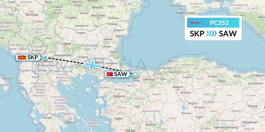 PC352 Pegasus Airlines Flight Map: Skopje to Istanbul