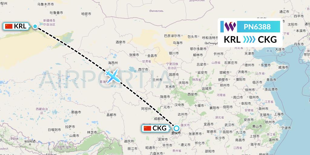 PN6388 China West Air Flight Map: Korla to Chongqing