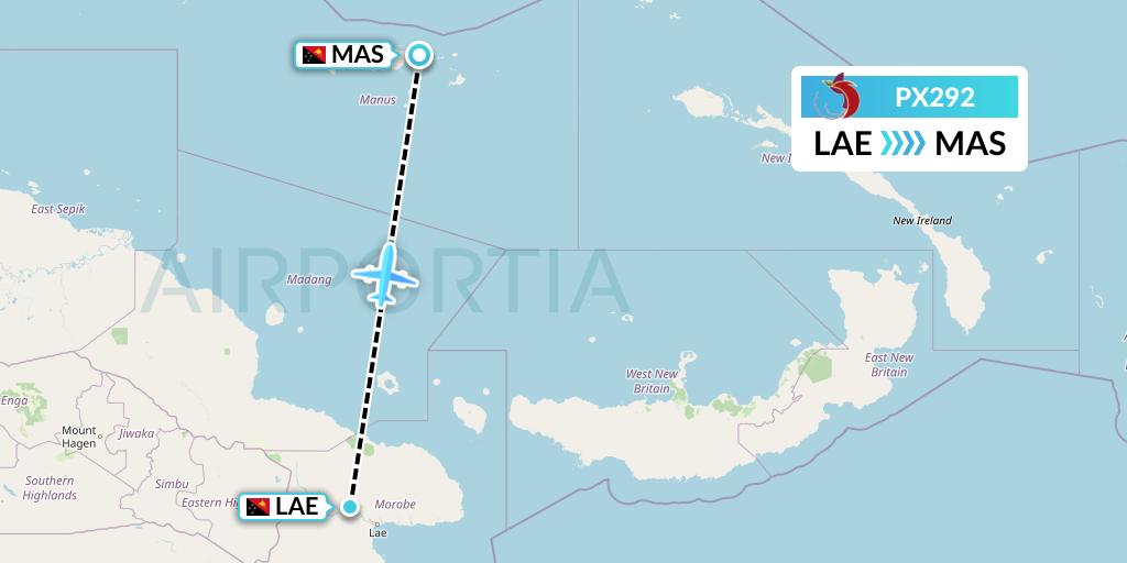 PX292 Air Niugini Flight Map: Lae to Papua New Guinea