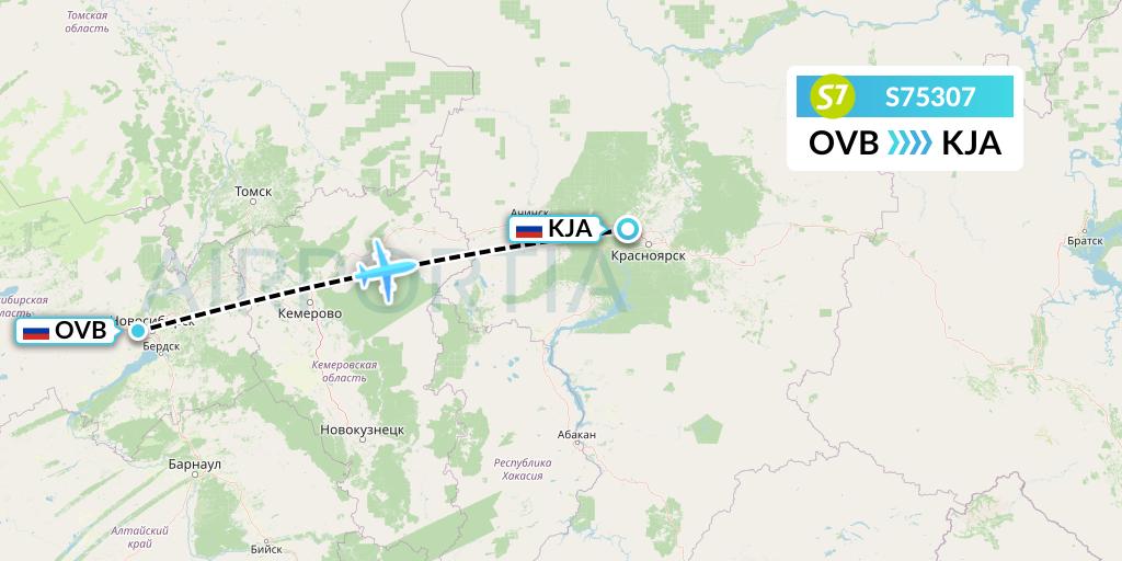 S75307 S7 Airlines Flight Map: Novosibirsk to Krasnoyarsk