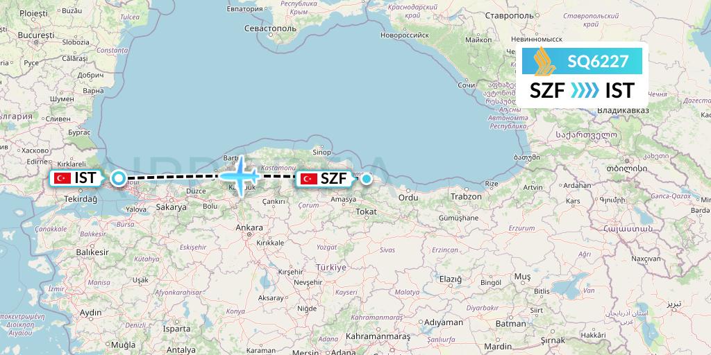 SQ6227 Singapore Airlines Flight Map: Samsun to Istanbul