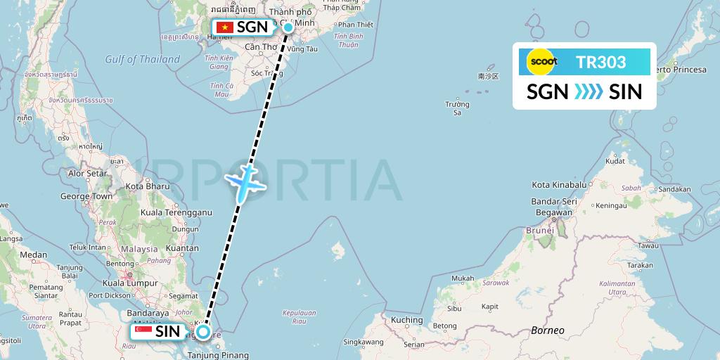 TR303 Tigerair Flight Map: Ho Chi Minh City to Singapore