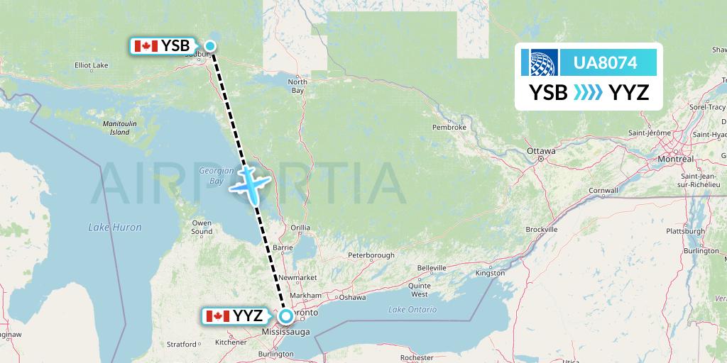 UA8074 United Airlines Flight Map: Sudbury to Toronto