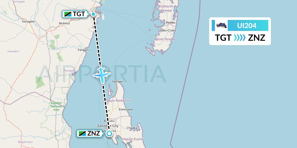 UI204 Auric Air Flight Map: Tanga to Zanzibar