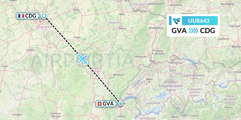 UU8643 Air Austral Flight Map: Geneva to Paris