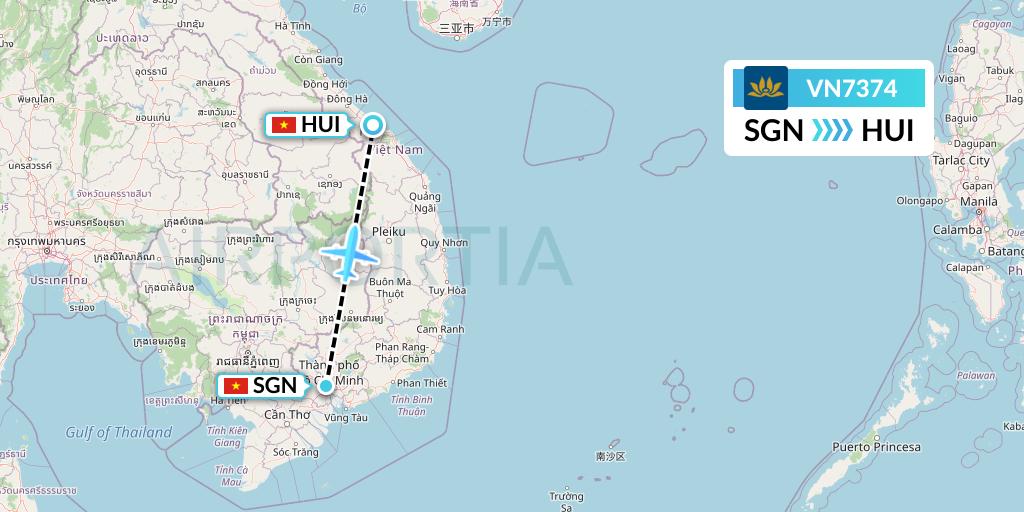 VN7374 Vietnam Airlines Flight Map: Ho Chi Minh City to Hue