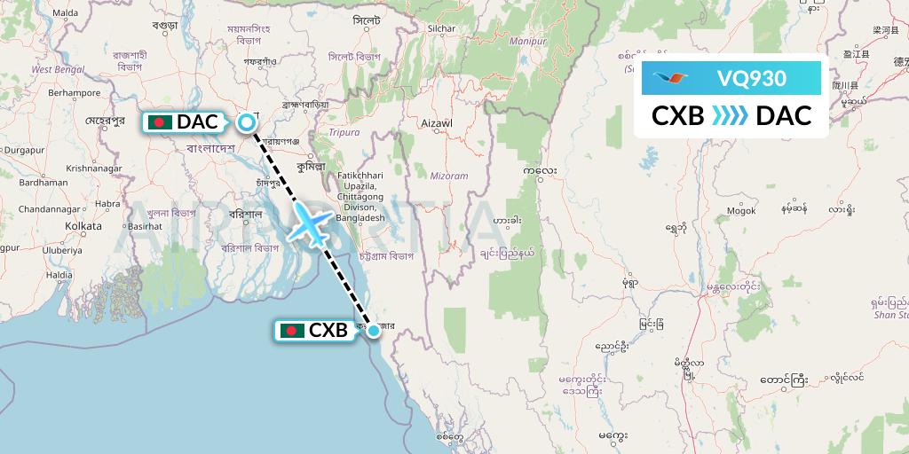 VQ930 Novoair Flight Map: Cox's Bazar to Dhaka