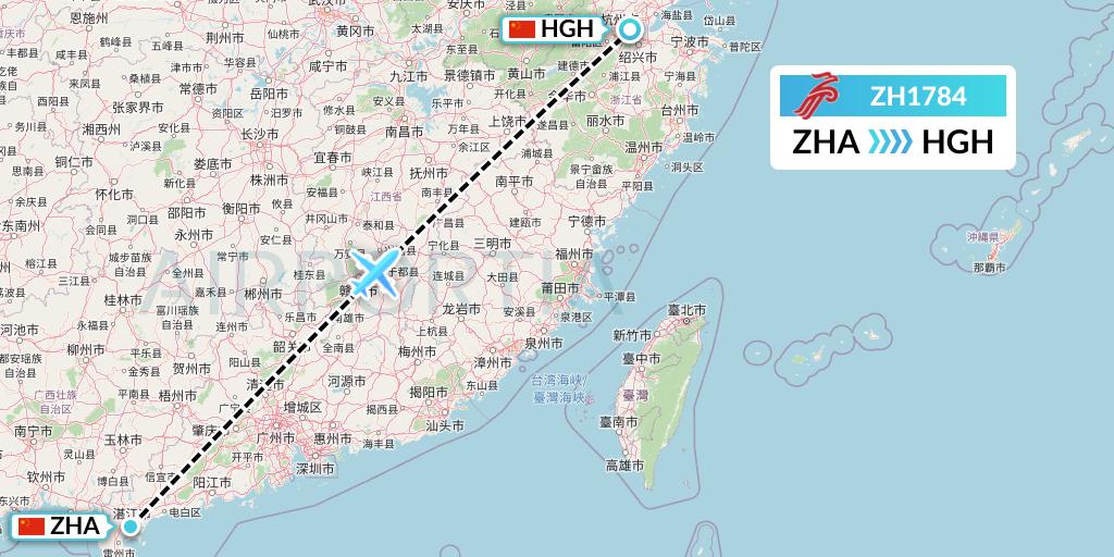 ZH1784 Shenzhen Airlines Flight Map: Zhanjiang to Hangzhou