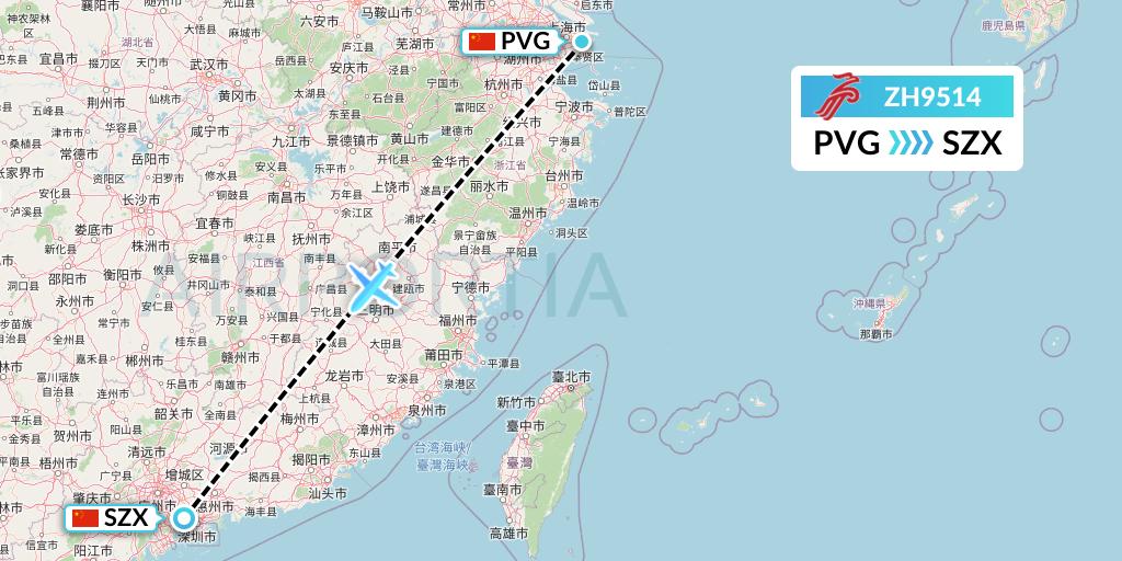 ZH9514 Shenzhen Airlines Flight Map: Shanghai to Shenzhen