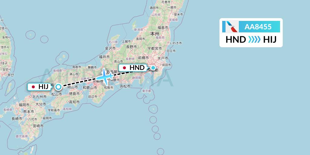 AA8455 American Airlines Flight Map: Tokyo to Hiroshima
