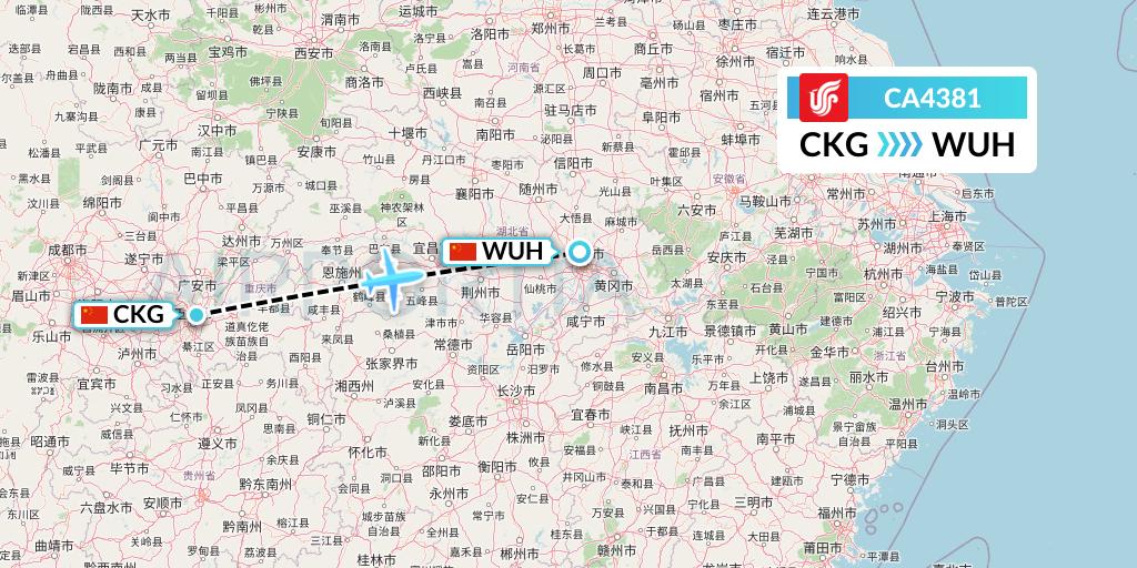CA4381 Air China Flight Map: Chongqing to Wuhan