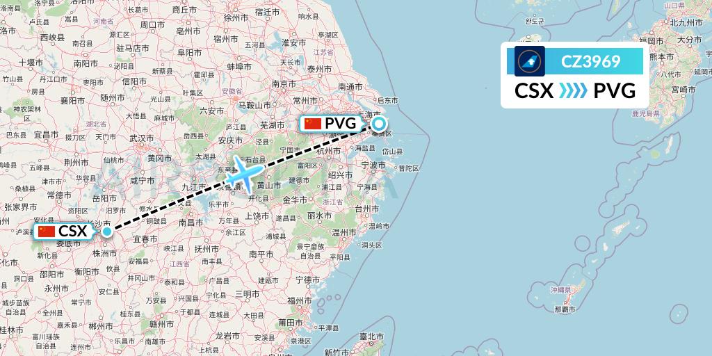 CZ3969 China Southern Airlines Flight Map: Changsha to Shanghai