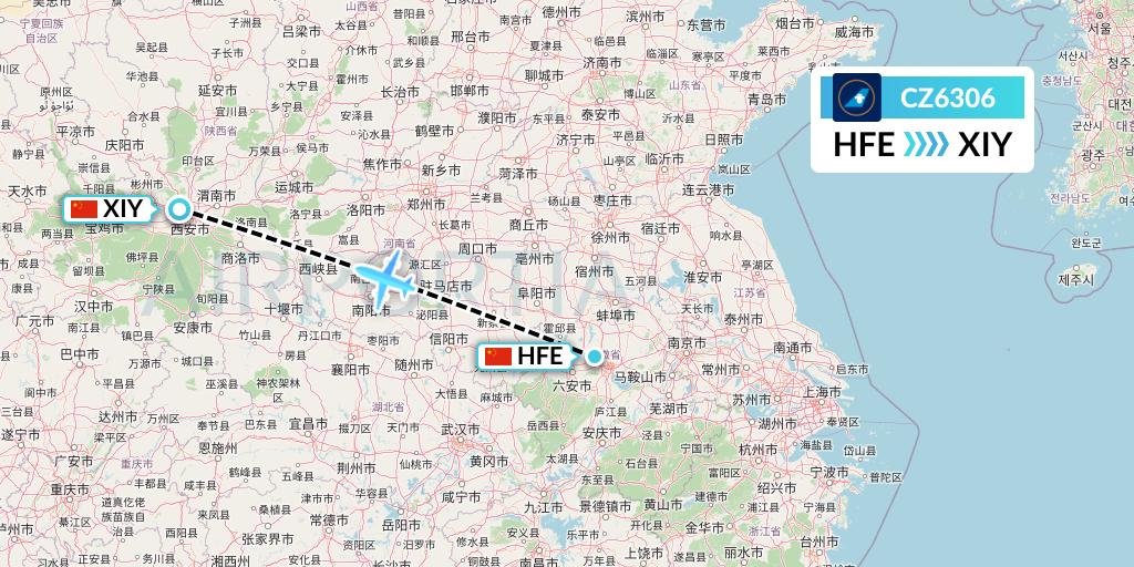 CZ6306 China Southern Airlines Flight Map: Hefei to Xi'an