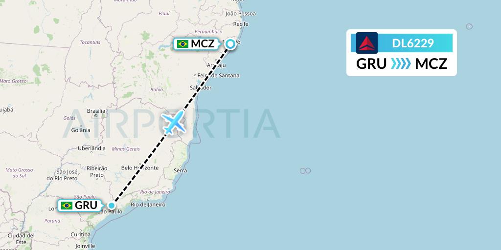 DL6229 Delta Air Lines Flight Map: Sao Paulo to Maceio