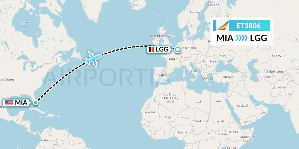 ET3806 Ethiopian Airlines Flight Map: Miami to Liege