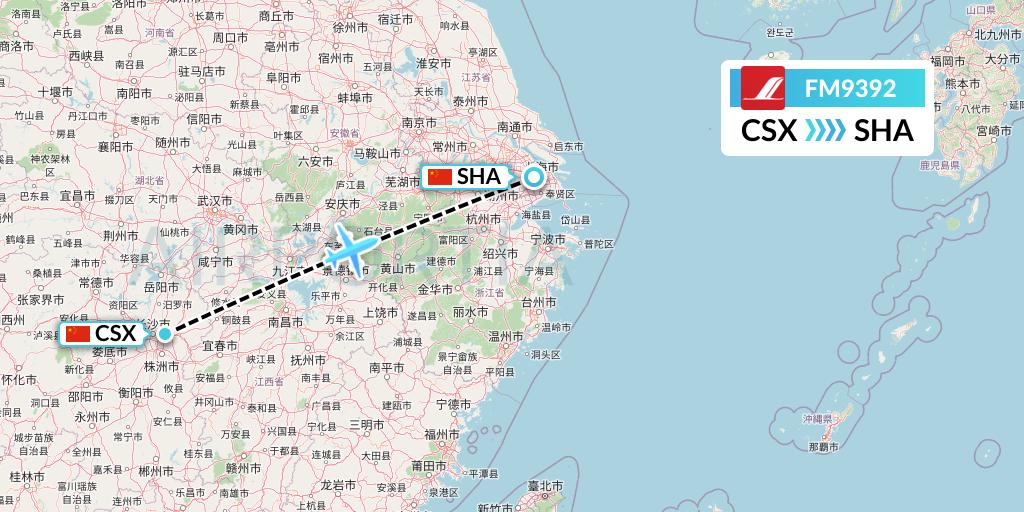 FM9392 Shanghai Airlines Flight Map: Changsha to Shanghai