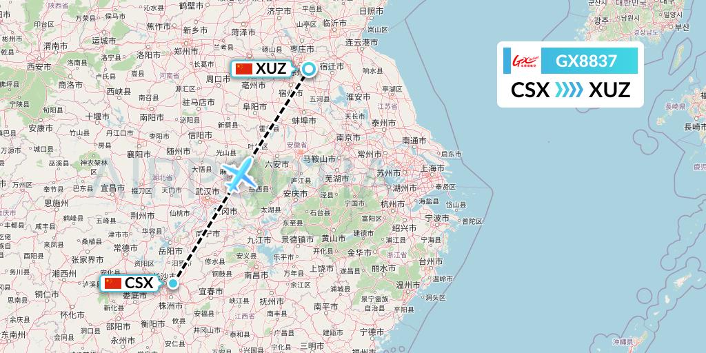 GX8837 GX Airlines Flight Map: Changsha to Xuzhou