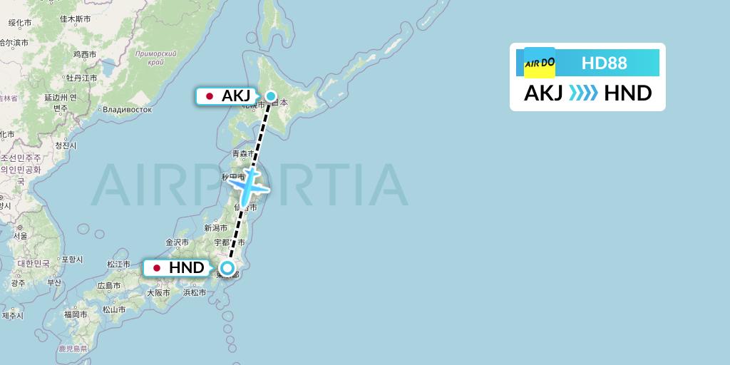 HD88 Air Do Flight Map: Asahikawa to Tokyo