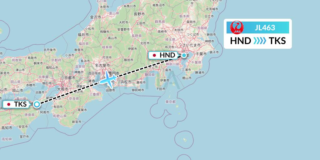 JL463 Japan Airlines Flight Map: Tokyo to Tokushima