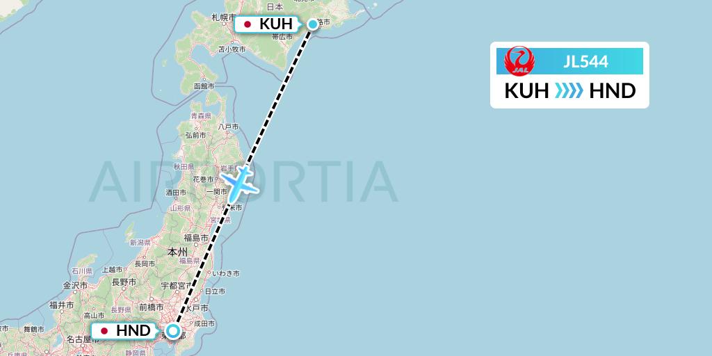 JL544 Japan Airlines Flight Map: Kushiro to Tokyo