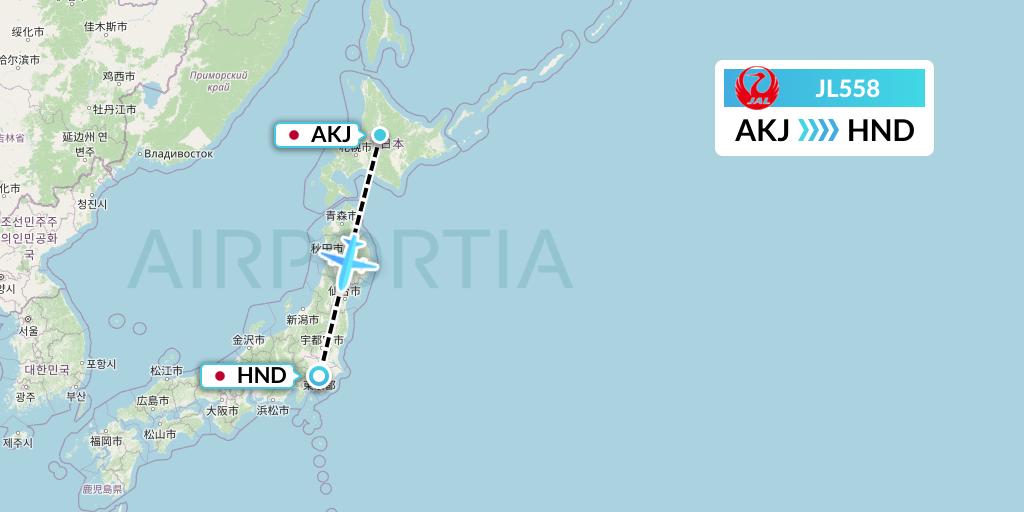 JL558 Japan Airlines Flight Map: Asahikawa to Tokyo