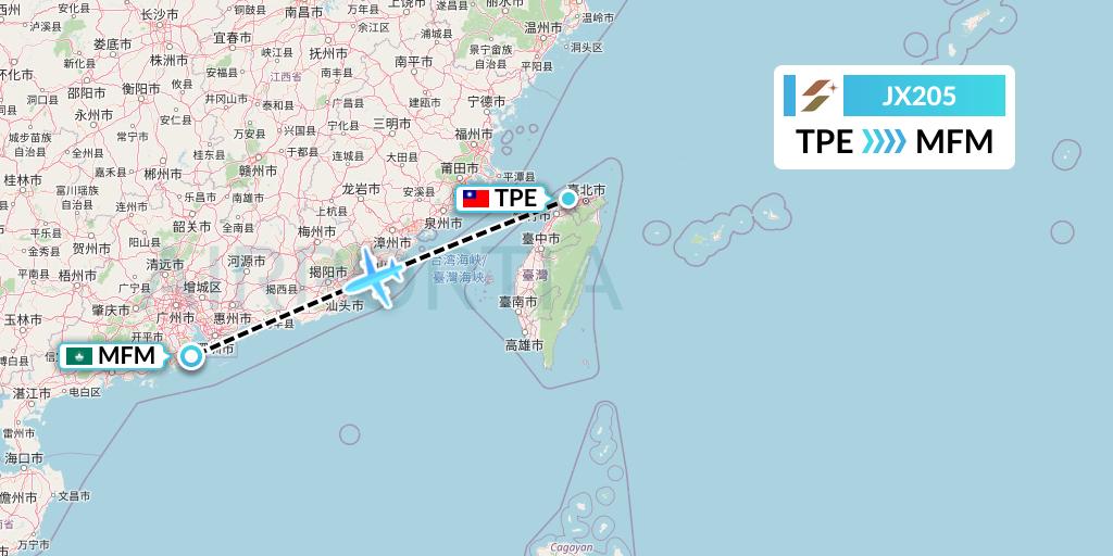 JX205 Starlux Airlines Flight Map: Taipei to Macau