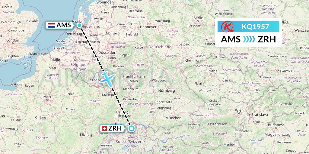KQ1957 Kenya Airways Flight Map: Amsterdam to Zurich