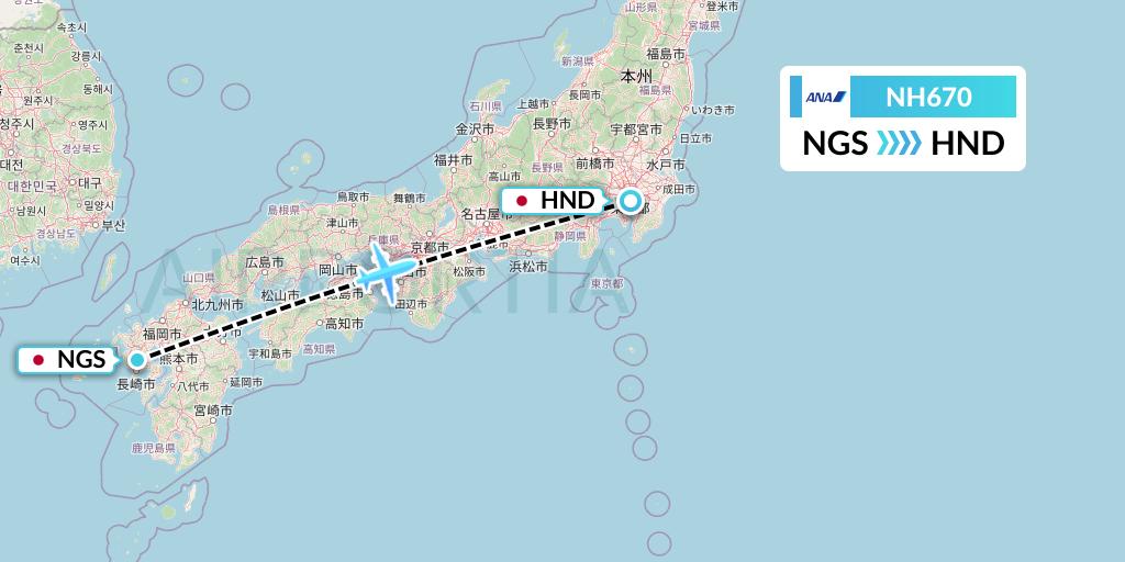 NH670 All Nippon Airways Flight Map: Nagasaki to Tokyo