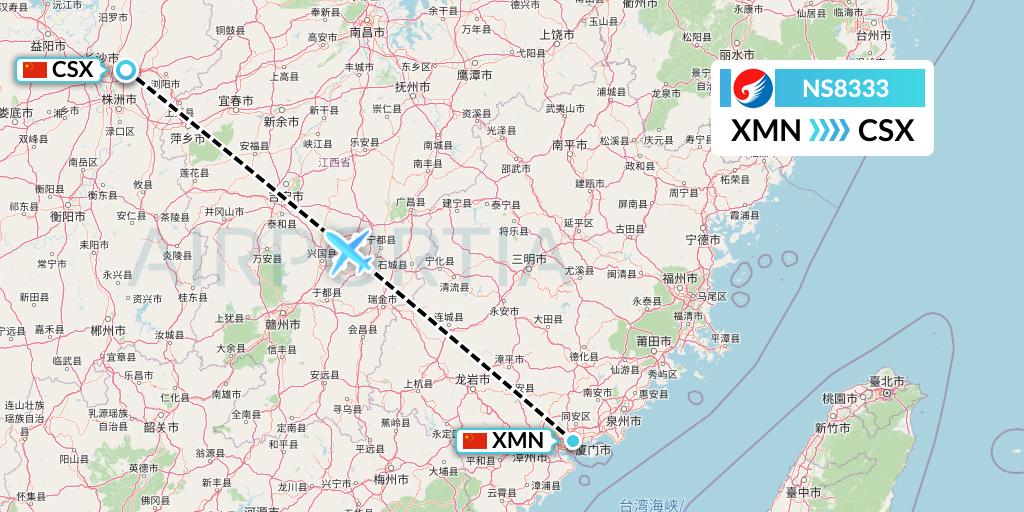 NS8333 Hebei Airlines Flight Map: Xiamen to Changsha