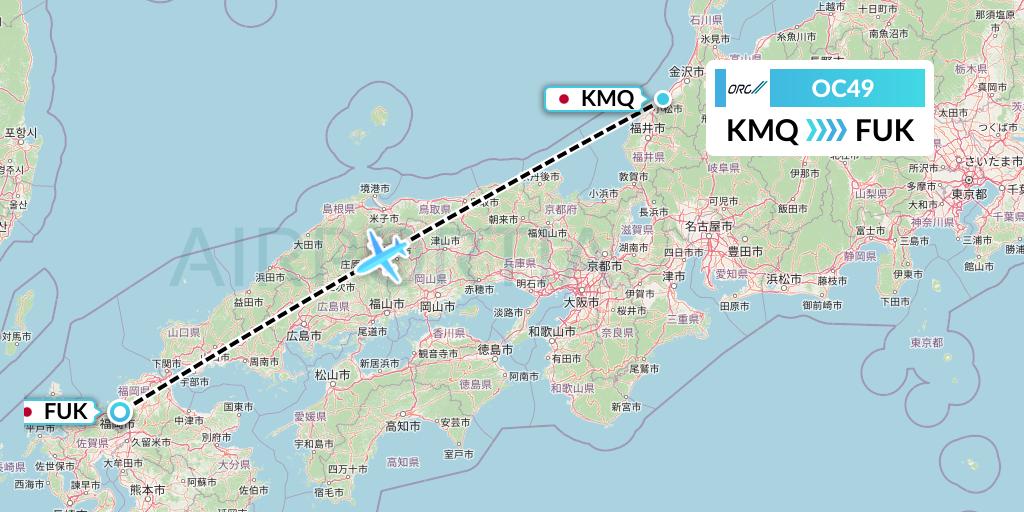 OC49 Oriental Air Bridge Flight Map: Komatsu to Fukuoka