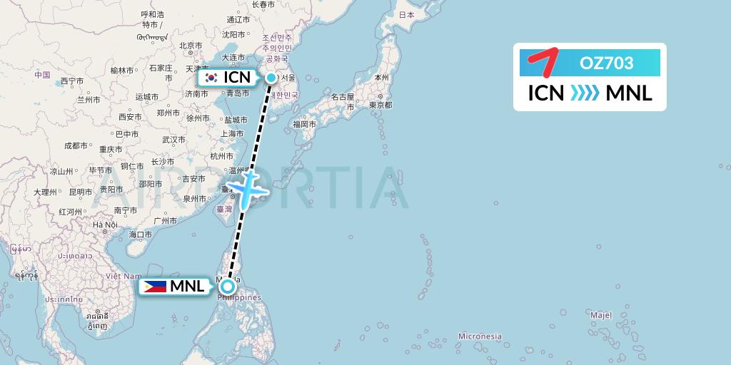 OZ703 Asiana Airlines Flight Map: Seoul to Manila