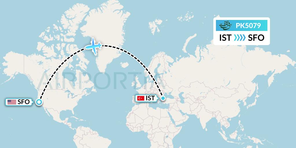 PK5079 Pakistan International Airlines Flight Map: Istanbul to San Francisco