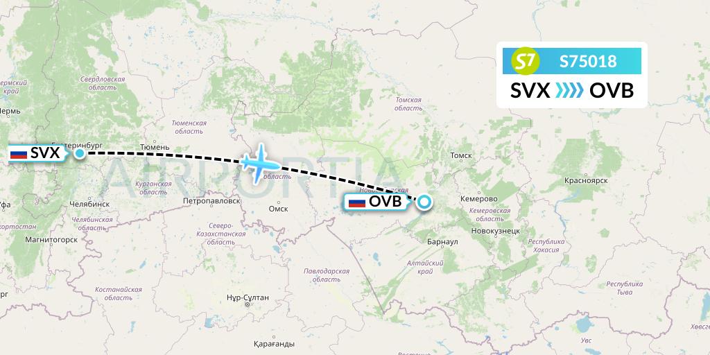 S75018 S7 Airlines Flight Map: Yekaterinburg to Novosibirsk