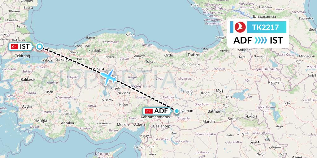 TK2217 Turkish Airlines Flight Map: Adiyaman to Istanbul