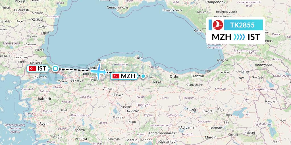 TK2855 Turkish Airlines Flight Map: Merzifon to Istanbul