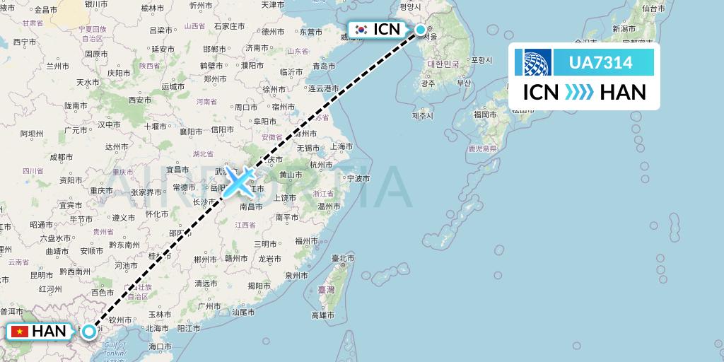 UA7314 United Airlines Flight Map: Seoul to Hanoi