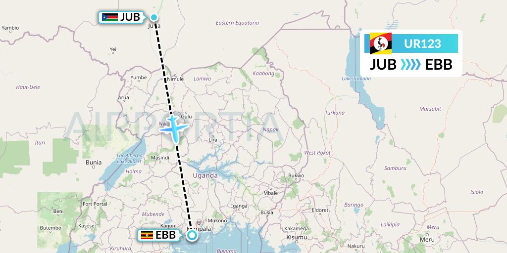 UR123 Uganda Airlines Flight Map: Juba to Entebbe