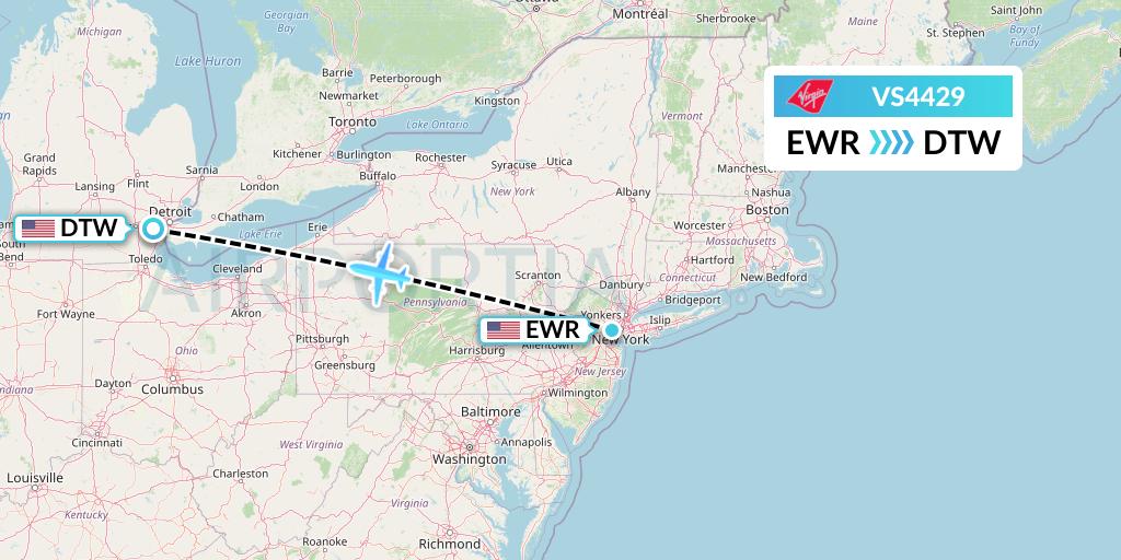 VS4429 Virgin Atlantic Airways Flight Map: New York to Detroit