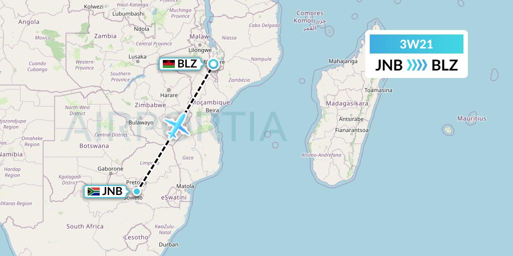 3W21 Malawian Airlines Flight Map: Johannesburg to Blantyre