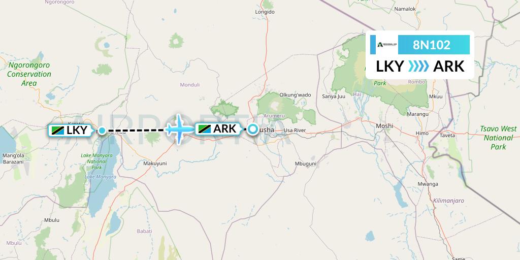 8N102 Regional Air Services Flight Map: Lake Manyara National Park to Arusha