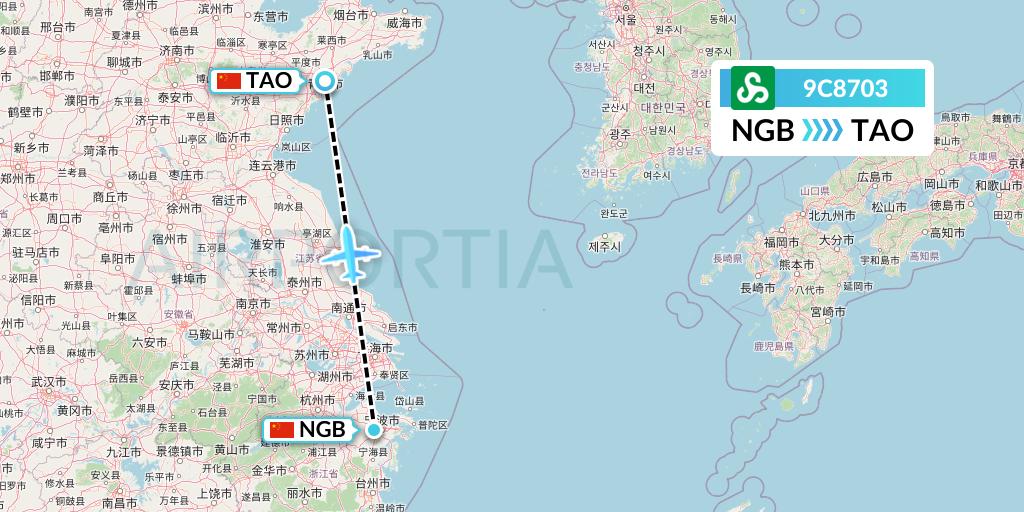 9C8703 Spring Airlines Flight Map: Ningbo to Qingdao