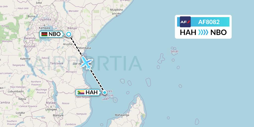AF8082 Air France Flight Map: Moroni to Nairobi