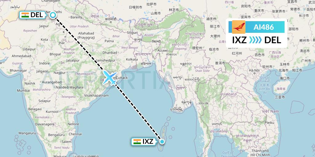 AI486 Air India Flight Map: Port Blair to Delhi