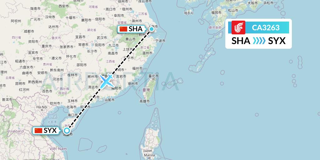 CA3263 Air China Flight Map: Shanghai to Sanya
