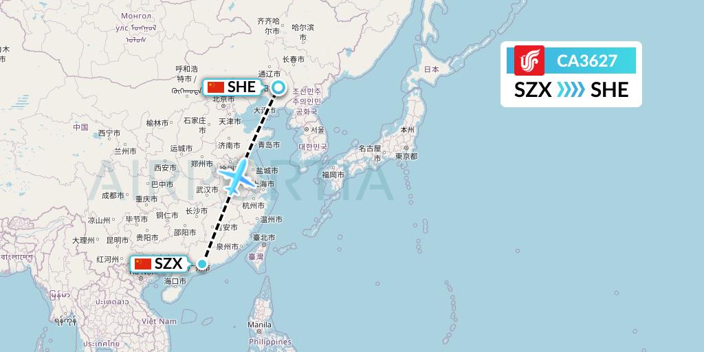 CA3627 Air China Flight Map: Shenzhen to Shenyang