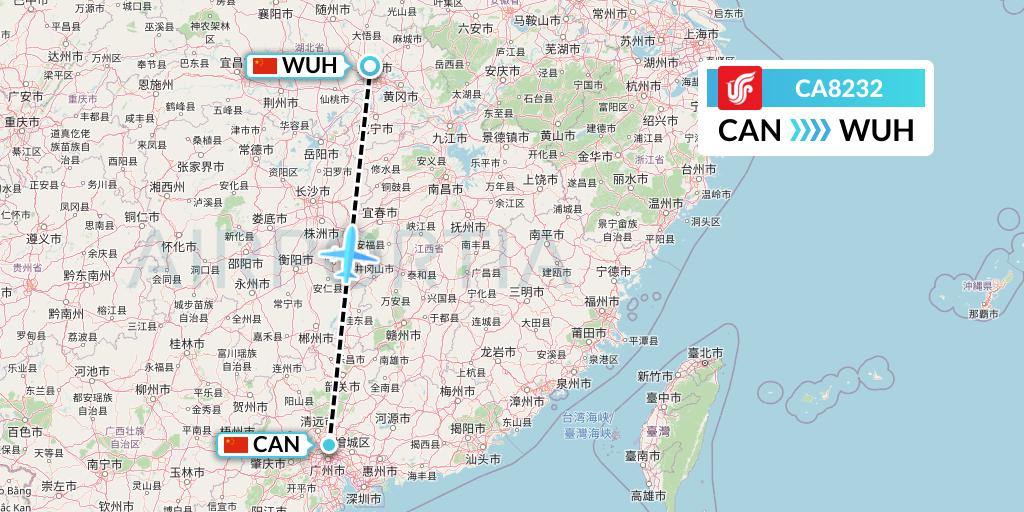 CA8232 Air China Flight Map: Guangzhou to Wuhan